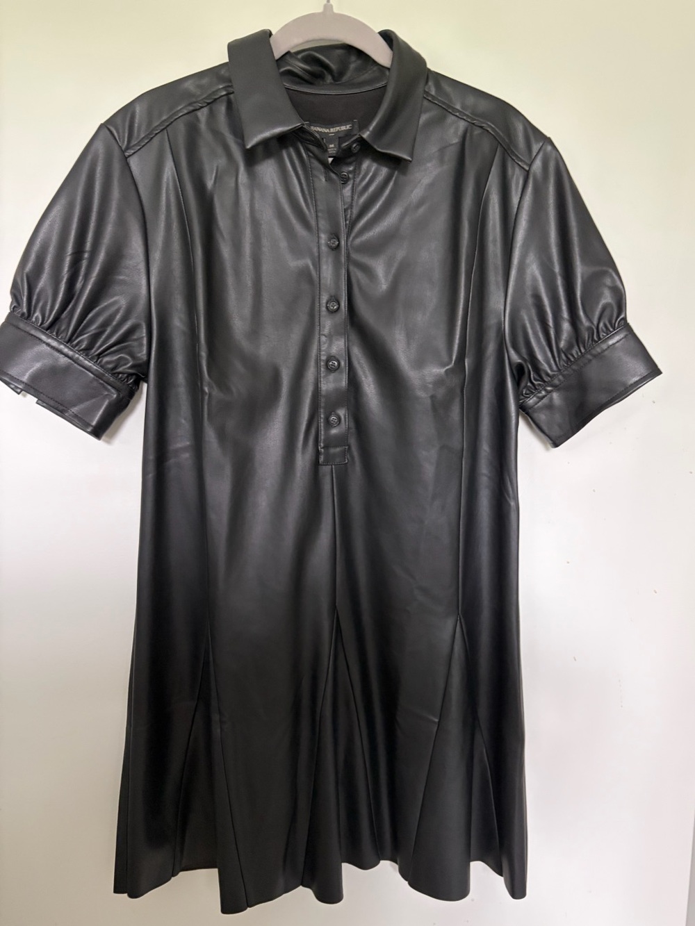 Banana Republic Faux Leather Puff Sleeve Shirt Dress Black -Medium NWT